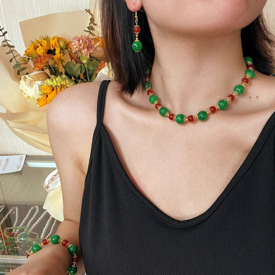 Boho Gemstone Jewelry Set - Carnelian Red & Jade Green Mix, Complete 3-Piece Gift Collection