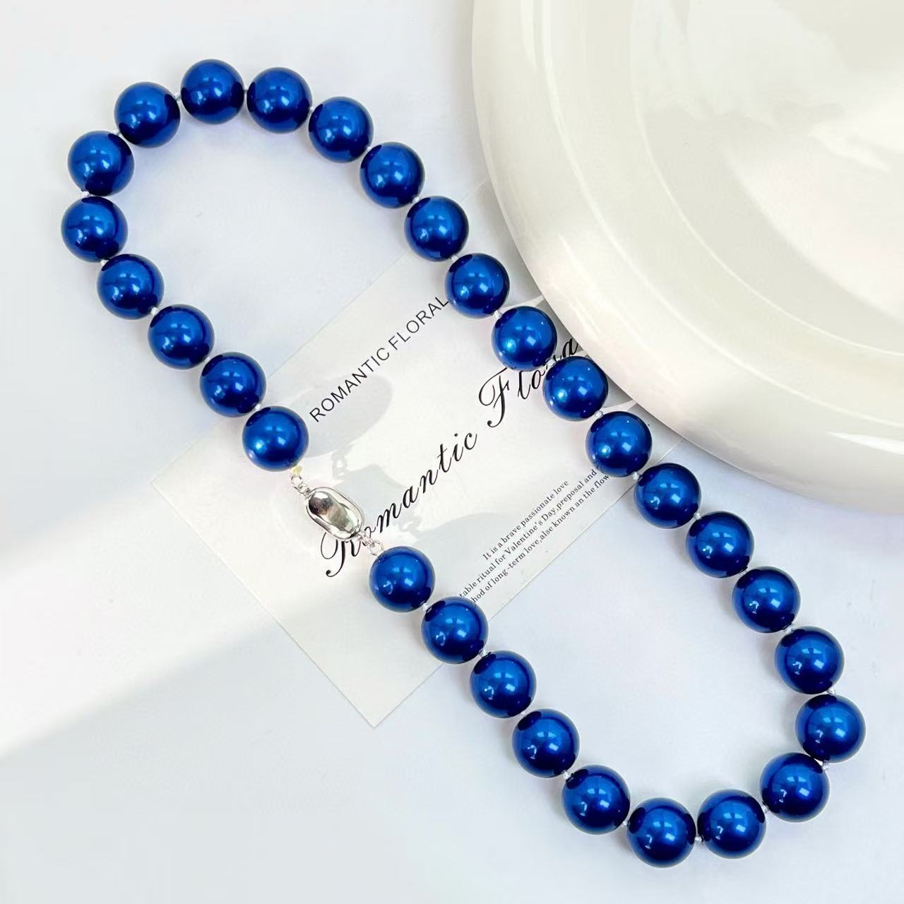 Summer Blue Pearl Necklace - 14mm Perfect Round Beads, Luxury Collarbone Chain, Birthday/Anniversary Gift