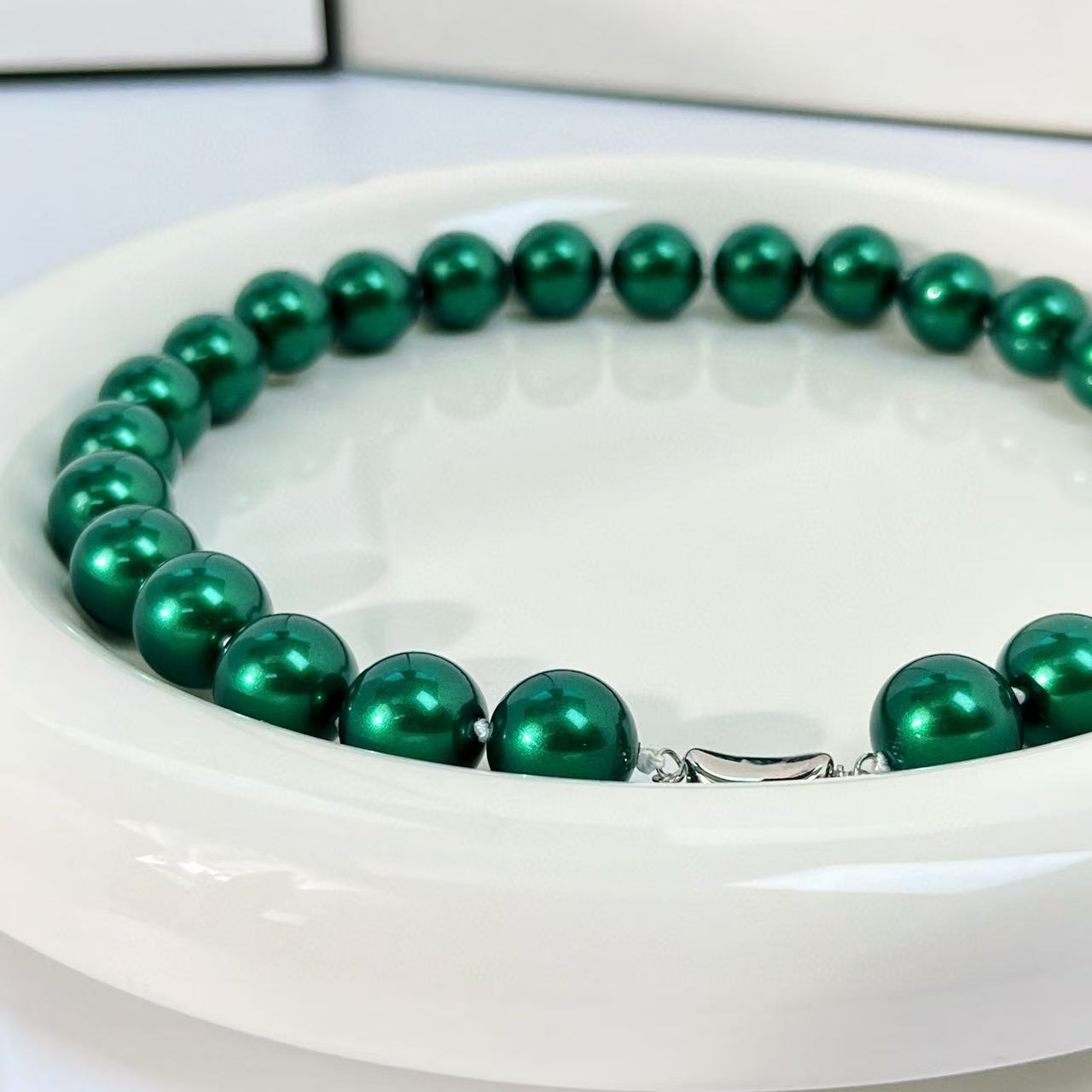 Emerald Pearl Necklace - 14mm High-Luster Beads, Luxury Holiday Gift for Her