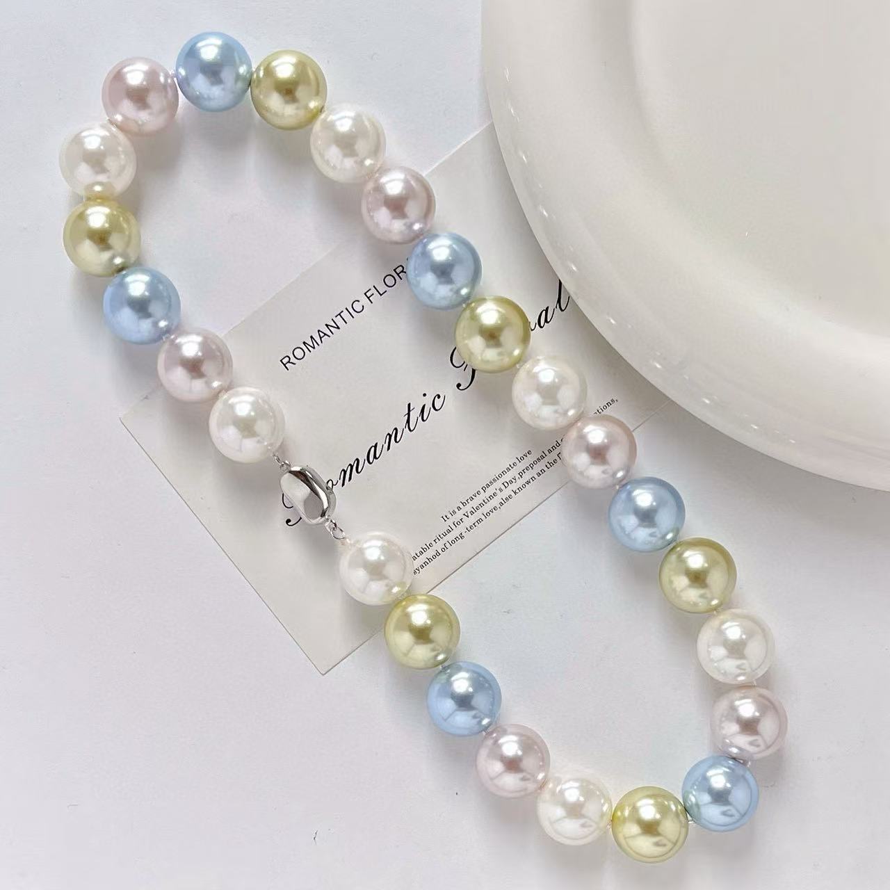 Spring - Ready 16mm High - Quality Large Round Macaron - Toned (White/Pink/Blue/Yellow - Green) Faux Crystal Pearl Choker