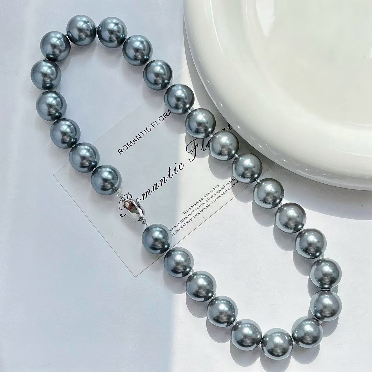 16mm Dark Gray Faux Crystal Pearl Necklace, High - Quality Round Choker for Spring Look