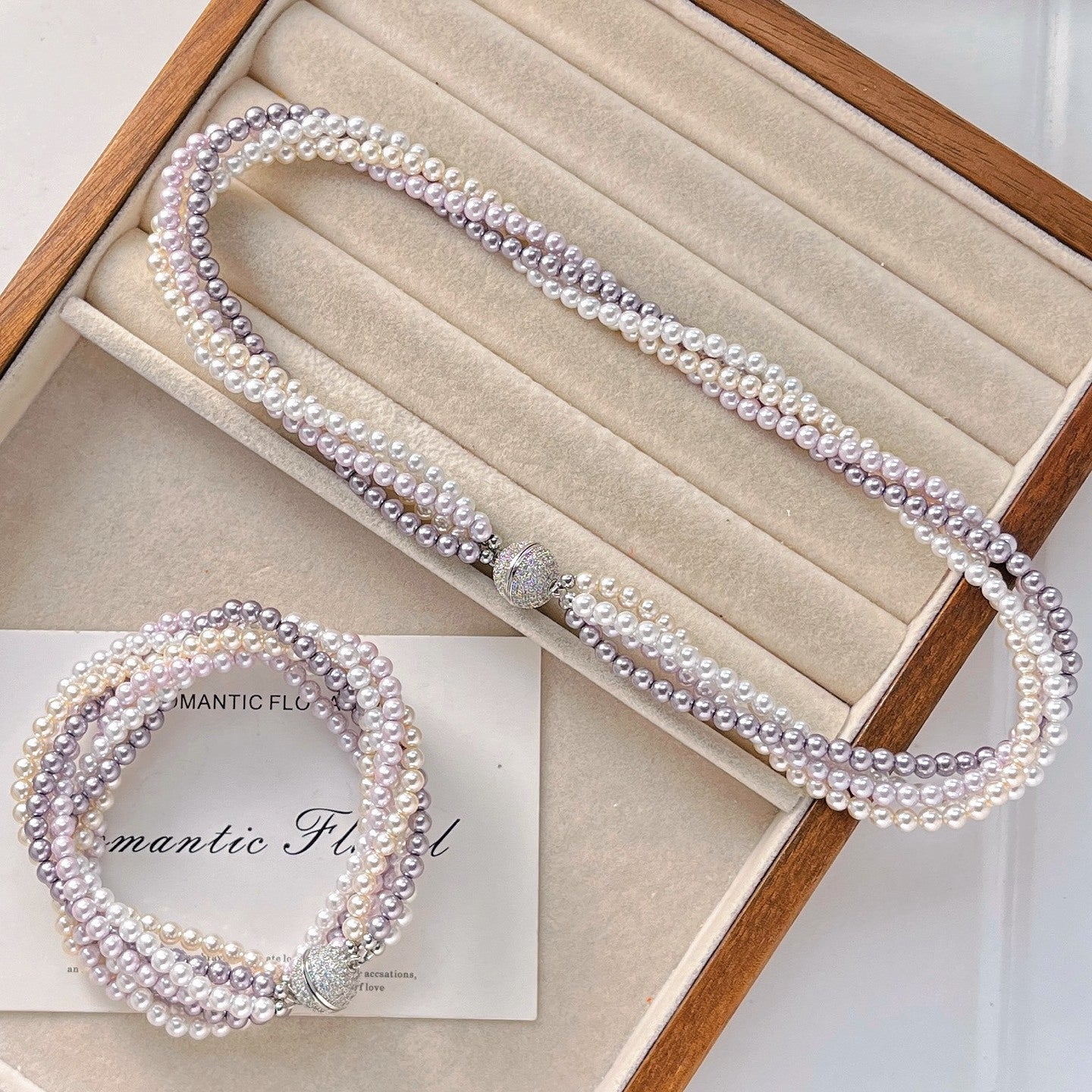 Artificial Crystal Pearl Multistrand Necklace, Magnetic Clasp with Micro - Set Zircons, Elegant Women's Accessory