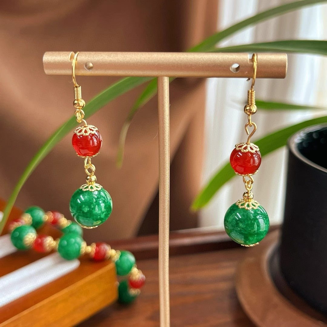 Boho Gemstone Jewelry Set - Carnelian Red & Jade Green Mix, Complete 3-Piece Gift Collection