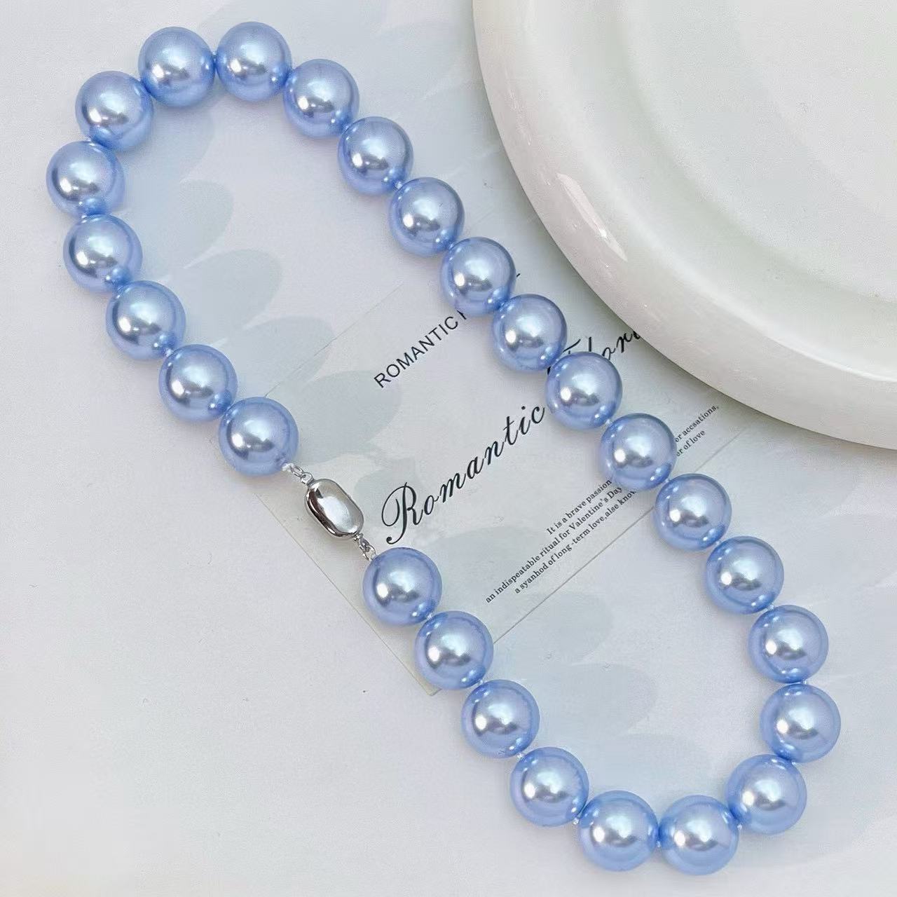Spring Blue Pearl Necklace - 16mm Misty Grey-Blue Beads, Luxury Collarbone Chain, Birthday Gift for Her