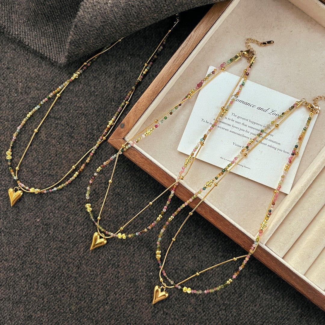 Handmade Natural Tourmaline Necklace, 18K Gold - Plated Chain, Colorful Boho - Glam Jewelry for Her