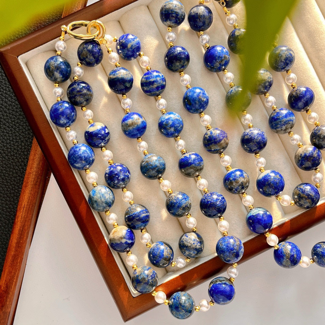 14mm Vintage Chinese Lapis Lazuli Necklace, Faux Crystal Pearl Star Pattern, High - Quality Winter Sweater Chain