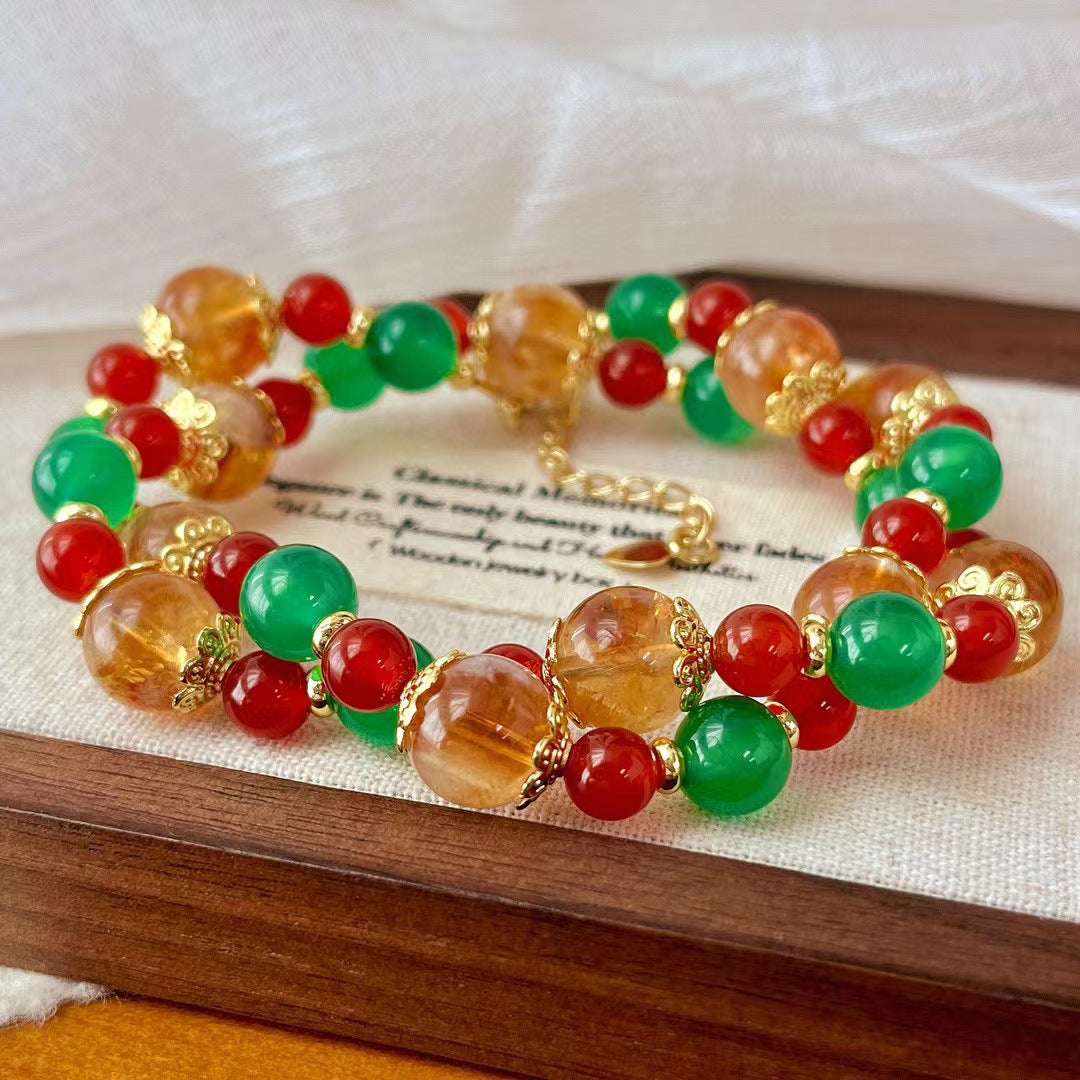 Women’s Boho Necklace: Natural Citrine, Red Agate, Green Chalcedony Beads, Gold - Plated Accents