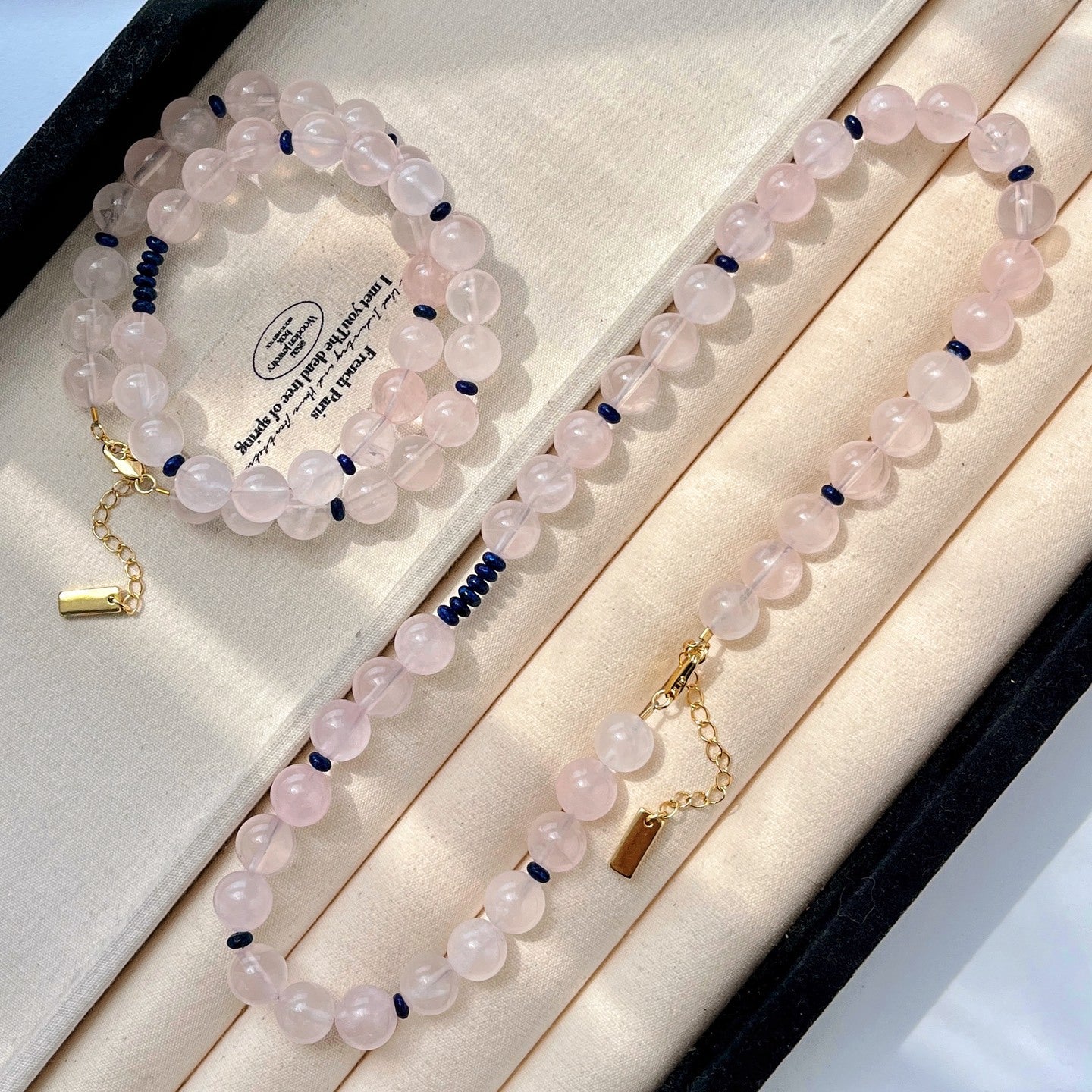 Premium Rose Quartz & Disc Lapis Lazuli Necklace, Unique Women's Fashion Accessory