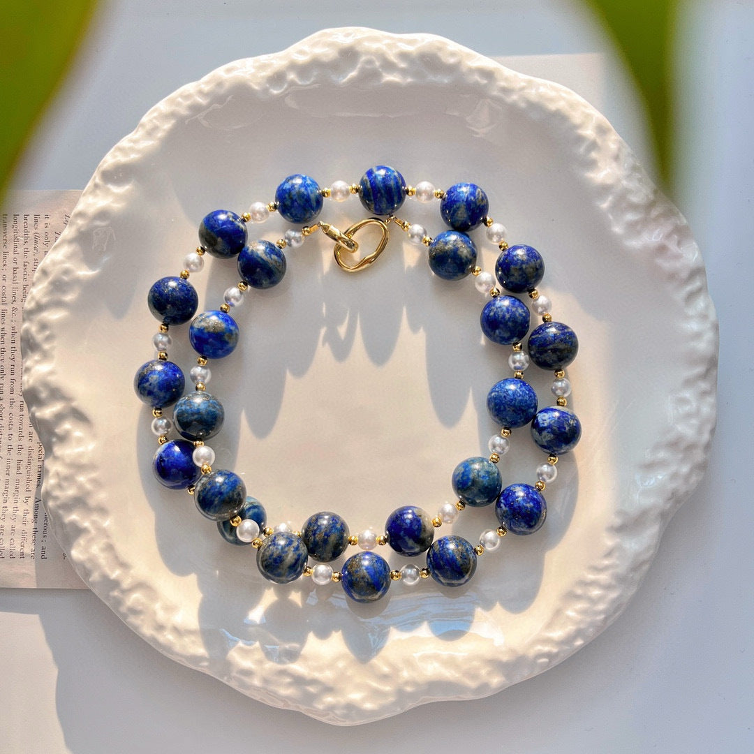 14mm Vintage Chinese Lapis Lazuli Necklace, Faux Crystal Pearl Star Pattern, High - Quality Winter Sweater Chain