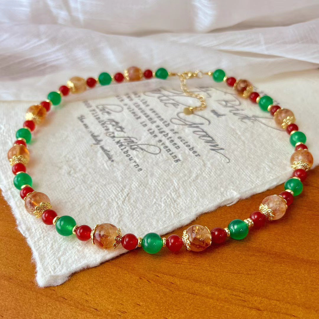 Women’s Boho Necklace: Natural Citrine, Red Agate, Green Chalcedony Beads, Gold - Plated Accents