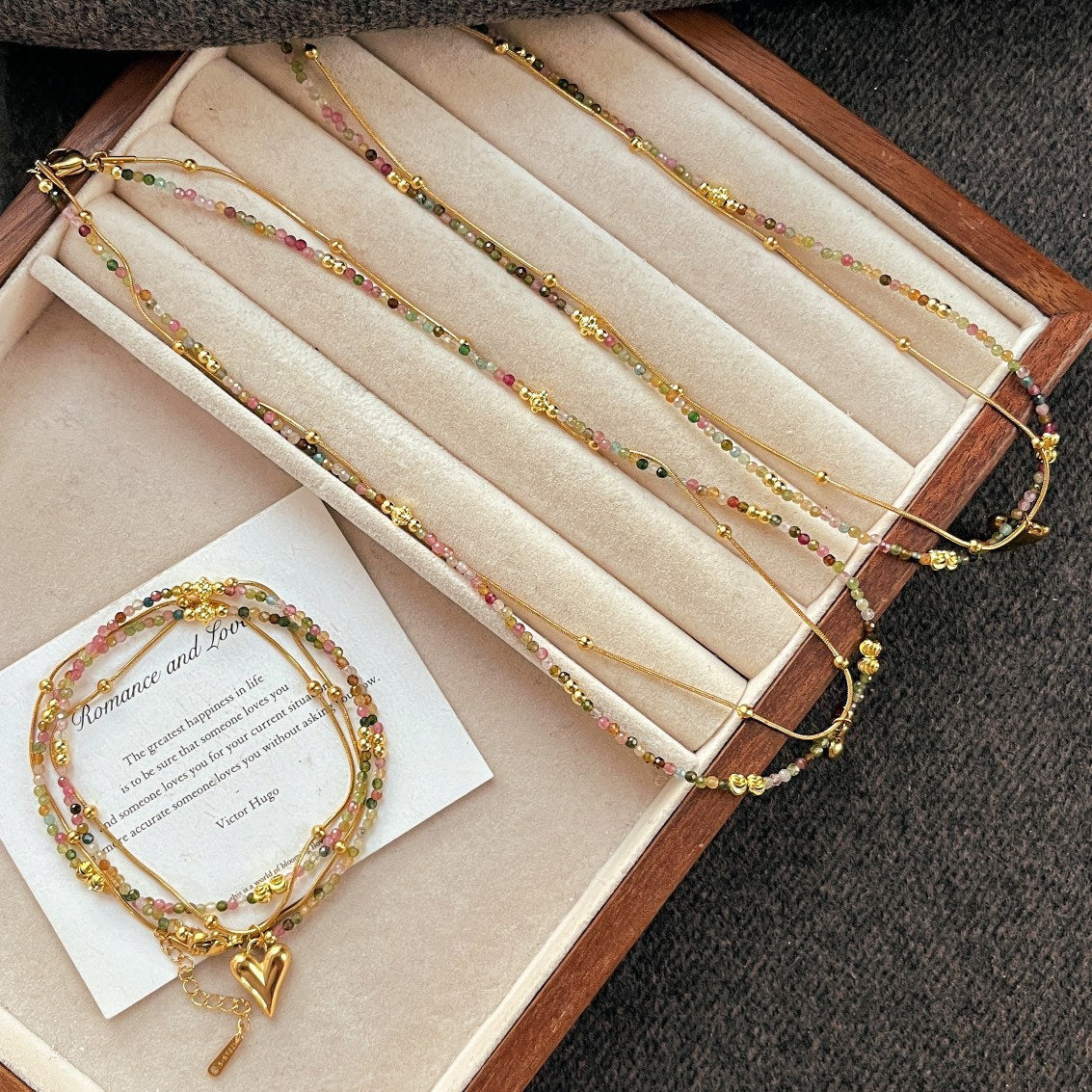 Handmade Natural Tourmaline Necklace, 18K Gold - Plated Chain, Colorful Boho - Glam Jewelry for Her