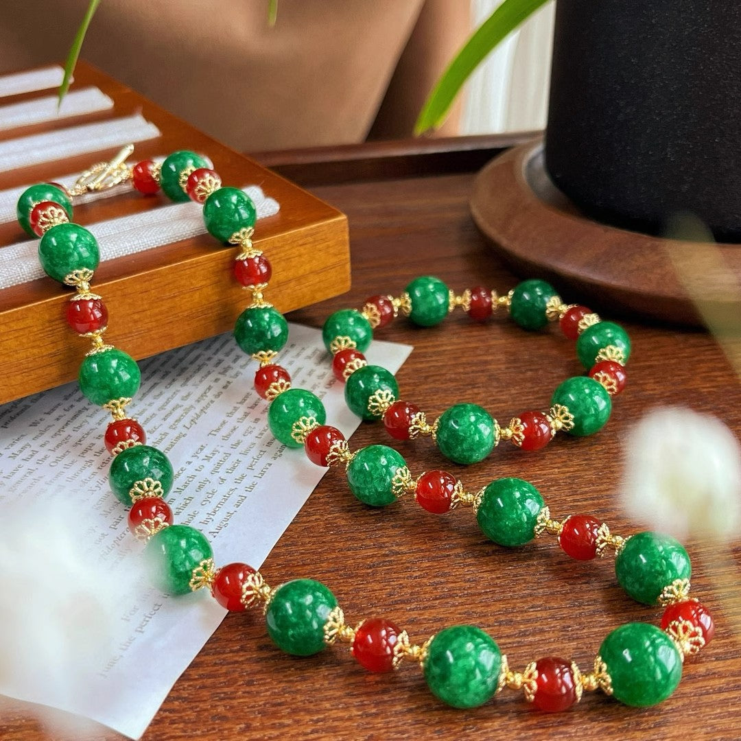 Boho Gemstone Jewelry Set - Carnelian Red & Jade Green Mix, Complete 3-Piece Gift Collection