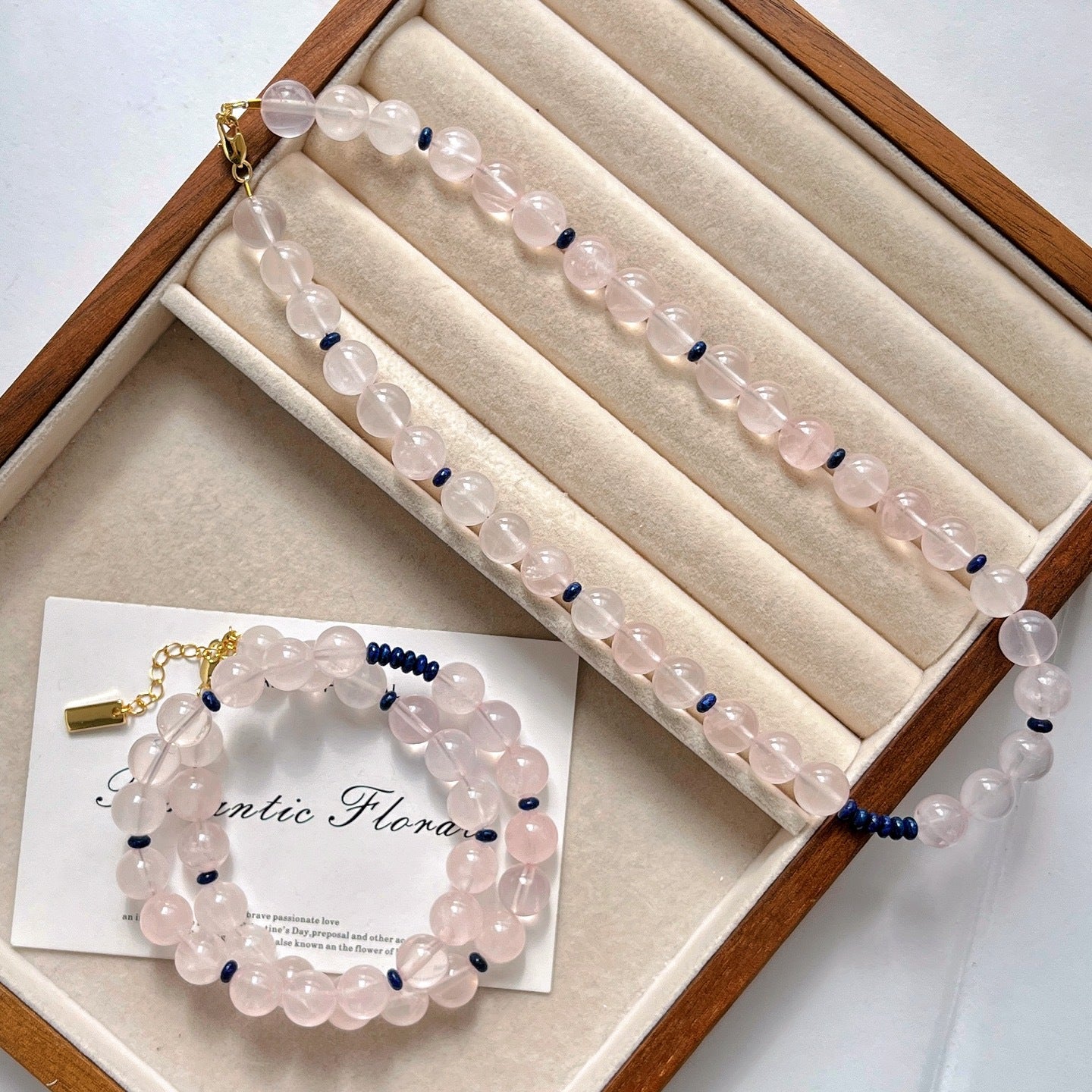 Premium Rose Quartz & Disc Lapis Lazuli Necklace, Unique Women's Fashion Accessory
