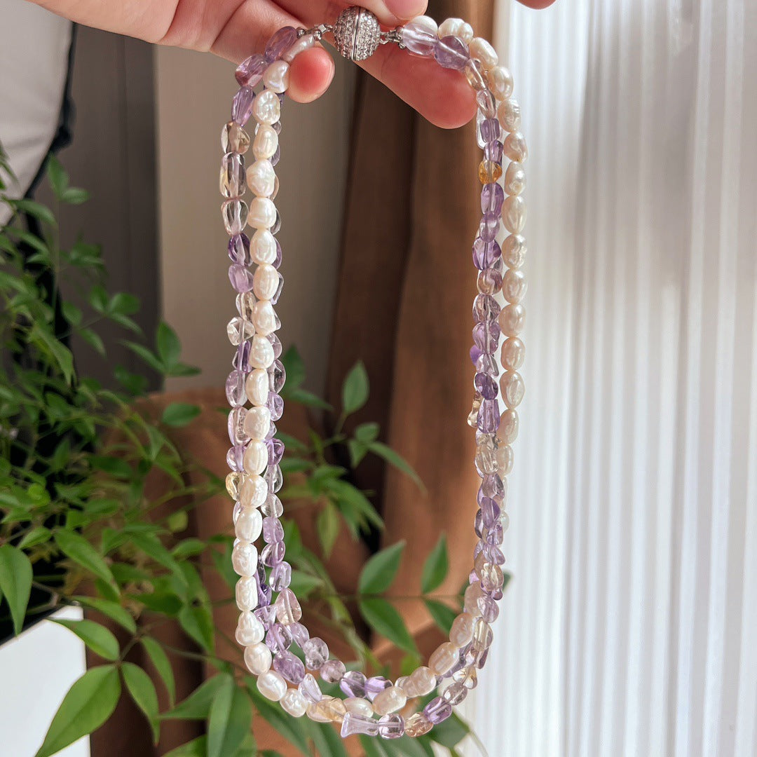 Multi - Strand Necklace with Natural Baroque Freshwater Pearls & Amethyst, Sparkling Zircon Clasp, Elegant Women's Jewelry