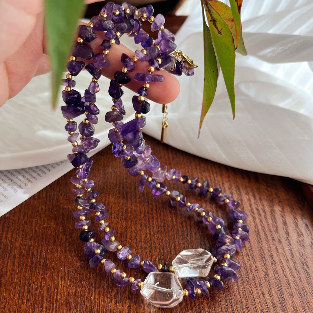 Handcrafted Irregular Amethyst & Clear Quartz Necklace, One - of - a - Kind Gemstone Jewelry for Her