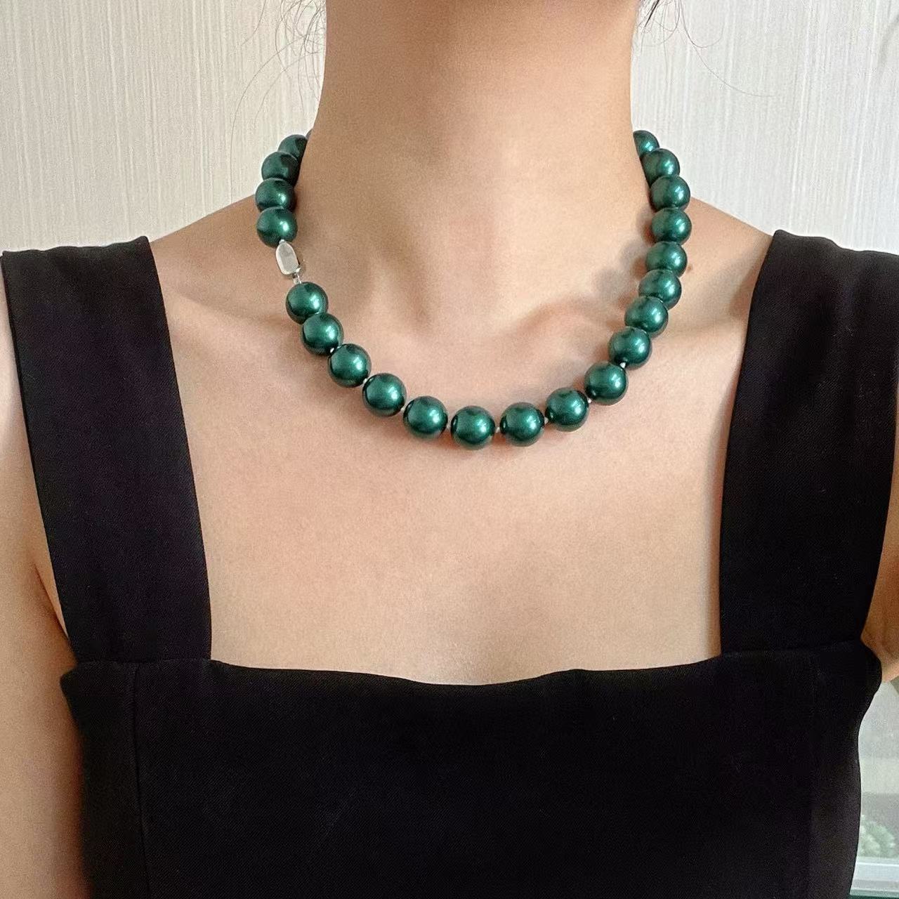 Emerald Pearl Necklace - 14mm High-Luster Beads, Luxury Holiday Gift for Her