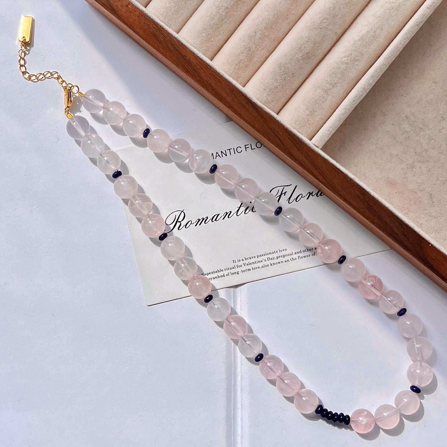 Premium Rose Quartz & Disc Lapis Lazuli Necklace, Unique Women's Fashion Accessory