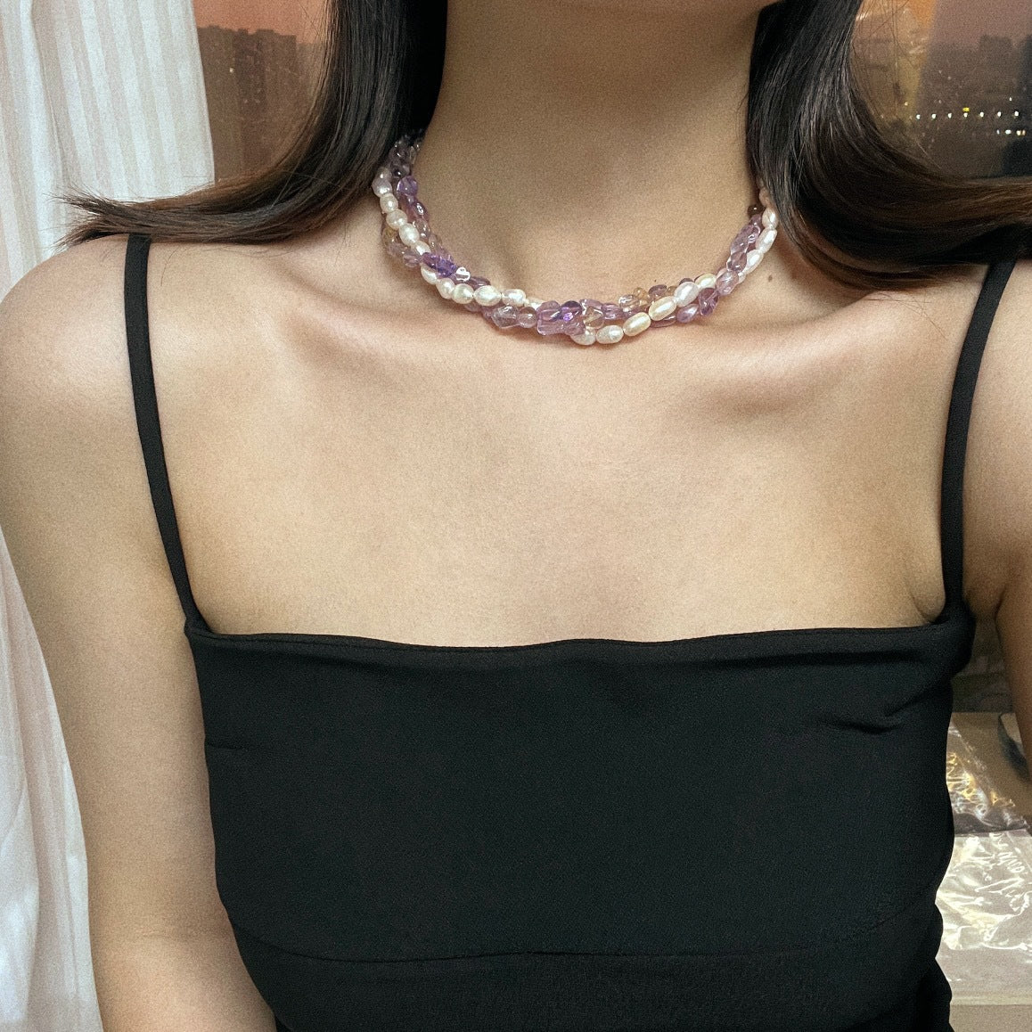 Multi - Strand Necklace with Natural Baroque Freshwater Pearls & Amethyst, Sparkling Zircon Clasp, Elegant Women's Jewelry