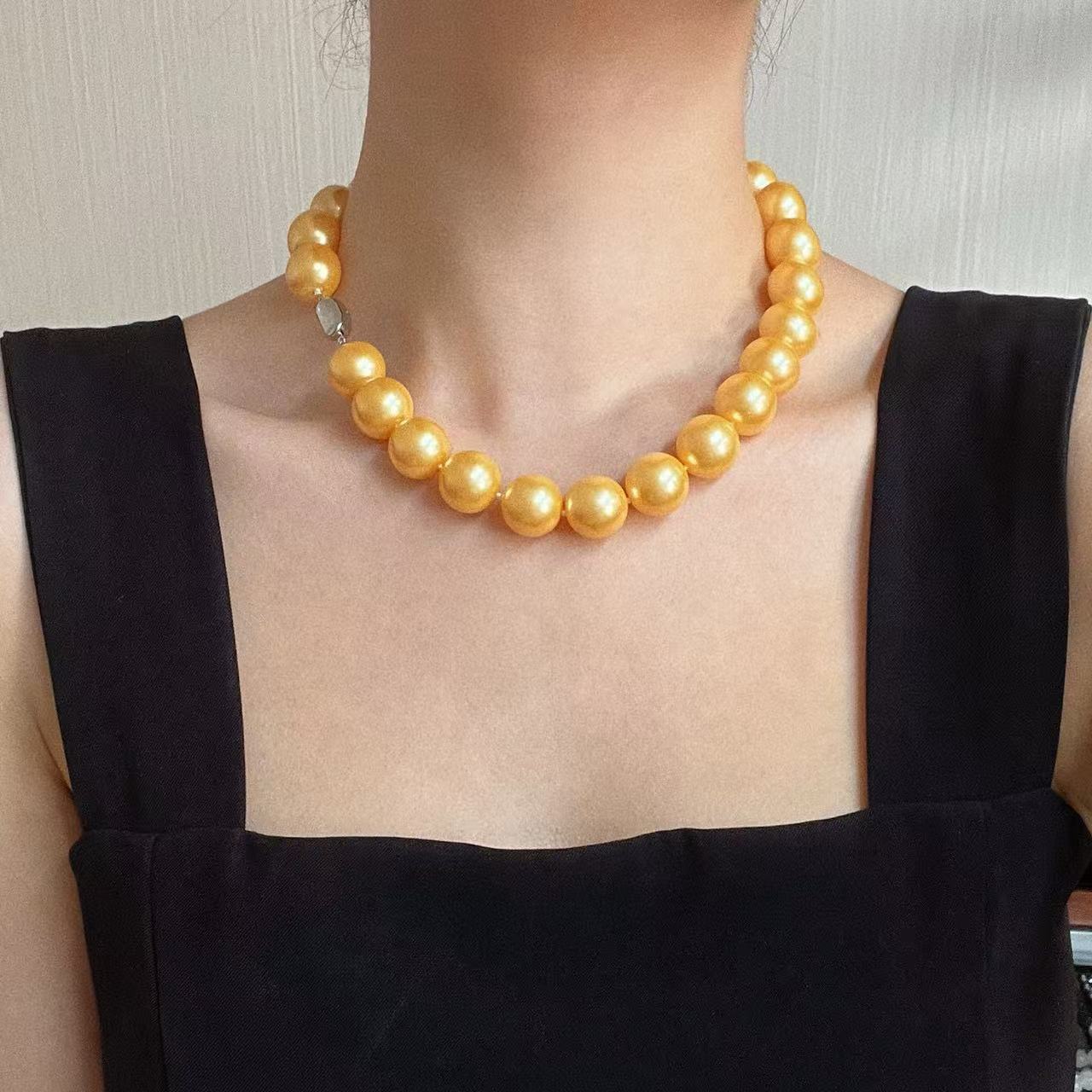 16mm Rich Gold Pearl Necklace - High-End Simulated Pearls, 18K Gold Plated Chain, Spring Statement Jewelry