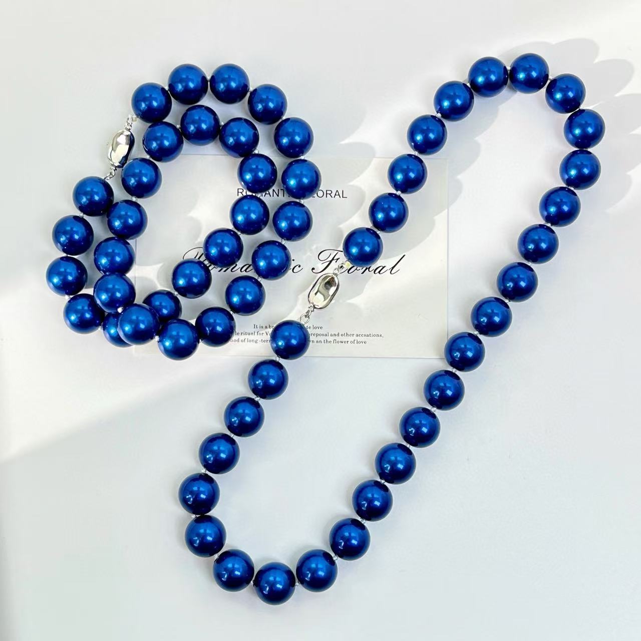 Summer Blue Pearl Necklace - 14mm Perfect Round Beads, Luxury Collarbone Chain, Birthday/Anniversary Gift