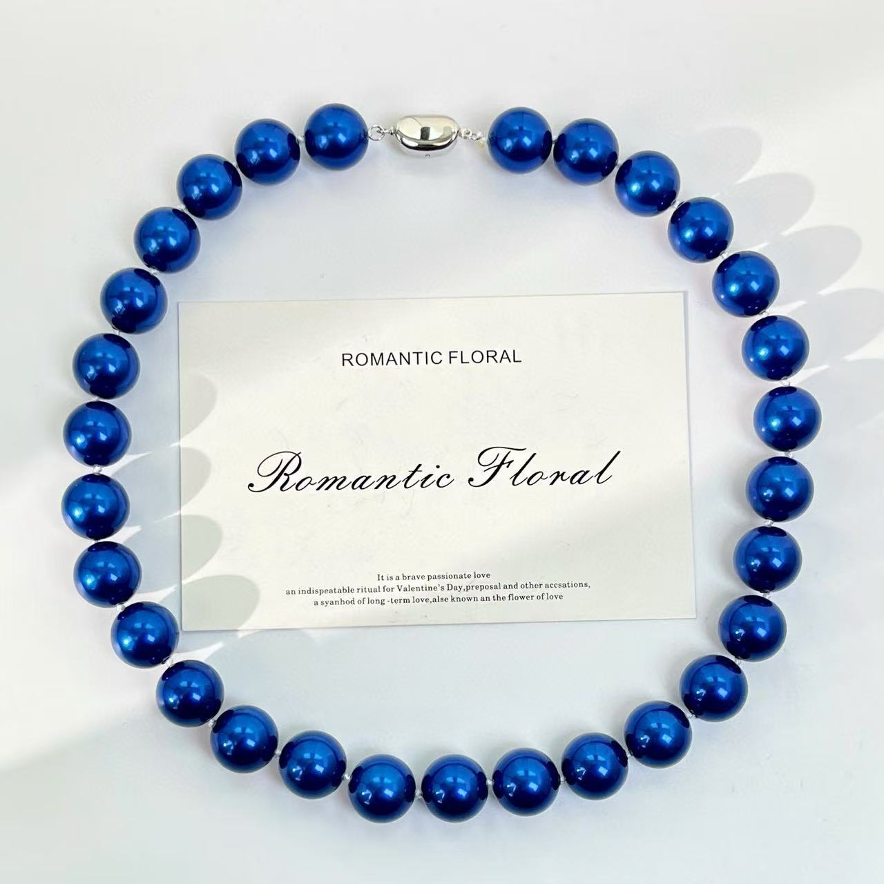 Summer Blue Pearl Necklace - 14mm Perfect Round Beads, Luxury Collarbone Chain, Birthday/Anniversary Gift