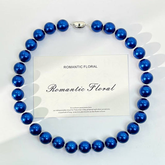 Summer Blue Pearl Necklace - 14mm Perfect Round Beads, Luxury Collarbone Chain, Birthday/Anniversary Gift