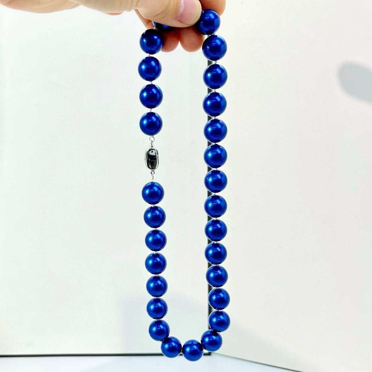 Summer Blue Pearl Necklace - 14mm Perfect Round Beads, Luxury Collarbone Chain, Birthday/Anniversary Gift