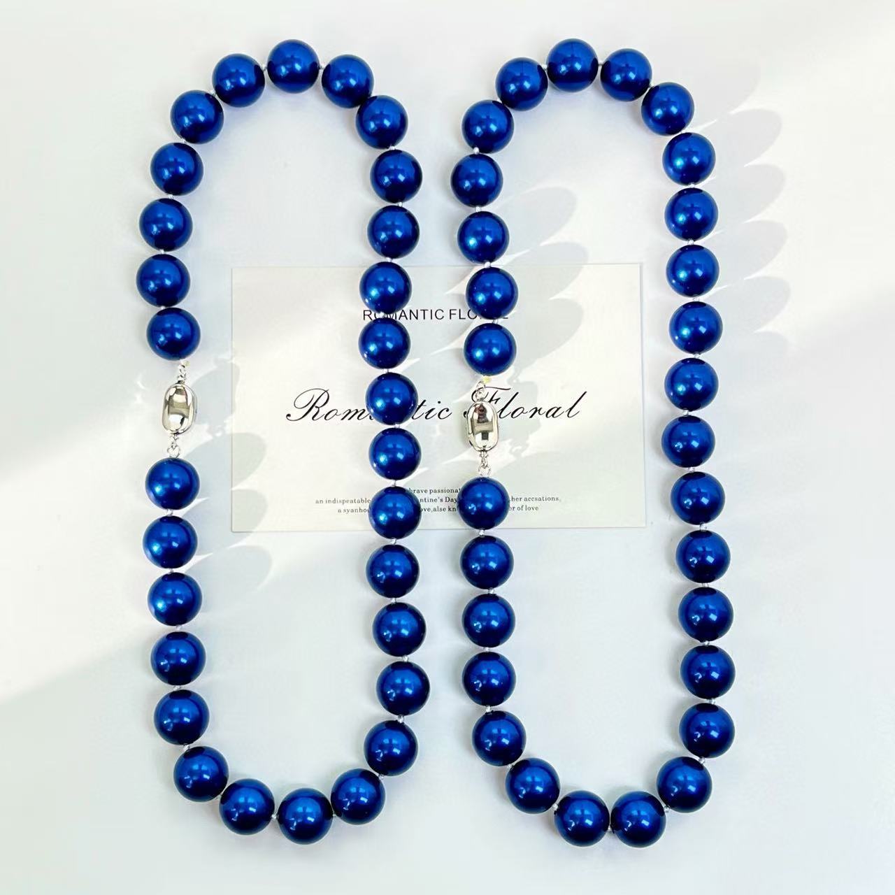 Summer Blue Pearl Necklace - 14mm Perfect Round Beads, Luxury Collarbone Chain, Birthday/Anniversary Gift