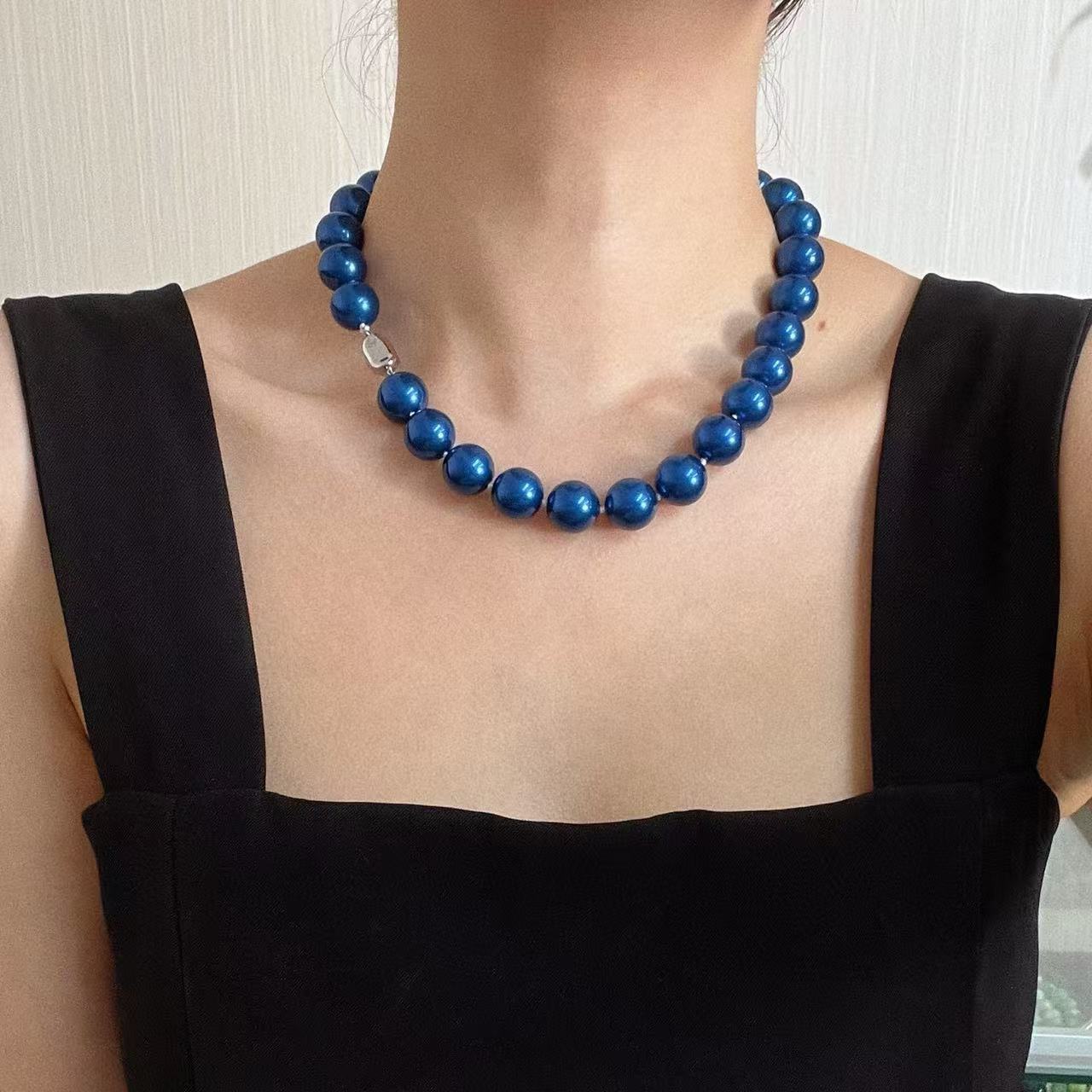 Summer Blue Pearl Necklace - 14mm Perfect Round Beads, Luxury Collarbone Chain, Birthday/Anniversary Gift