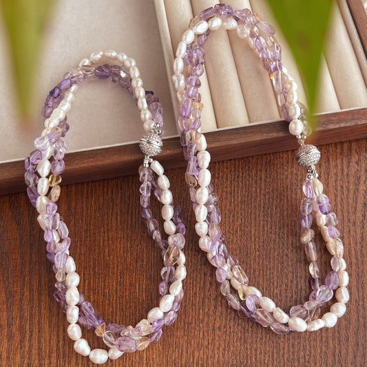 Multi - Strand Necklace with Natural Baroque Freshwater Pearls & Amethyst, Sparkling Zircon Clasp, Elegant Women's Jewelry