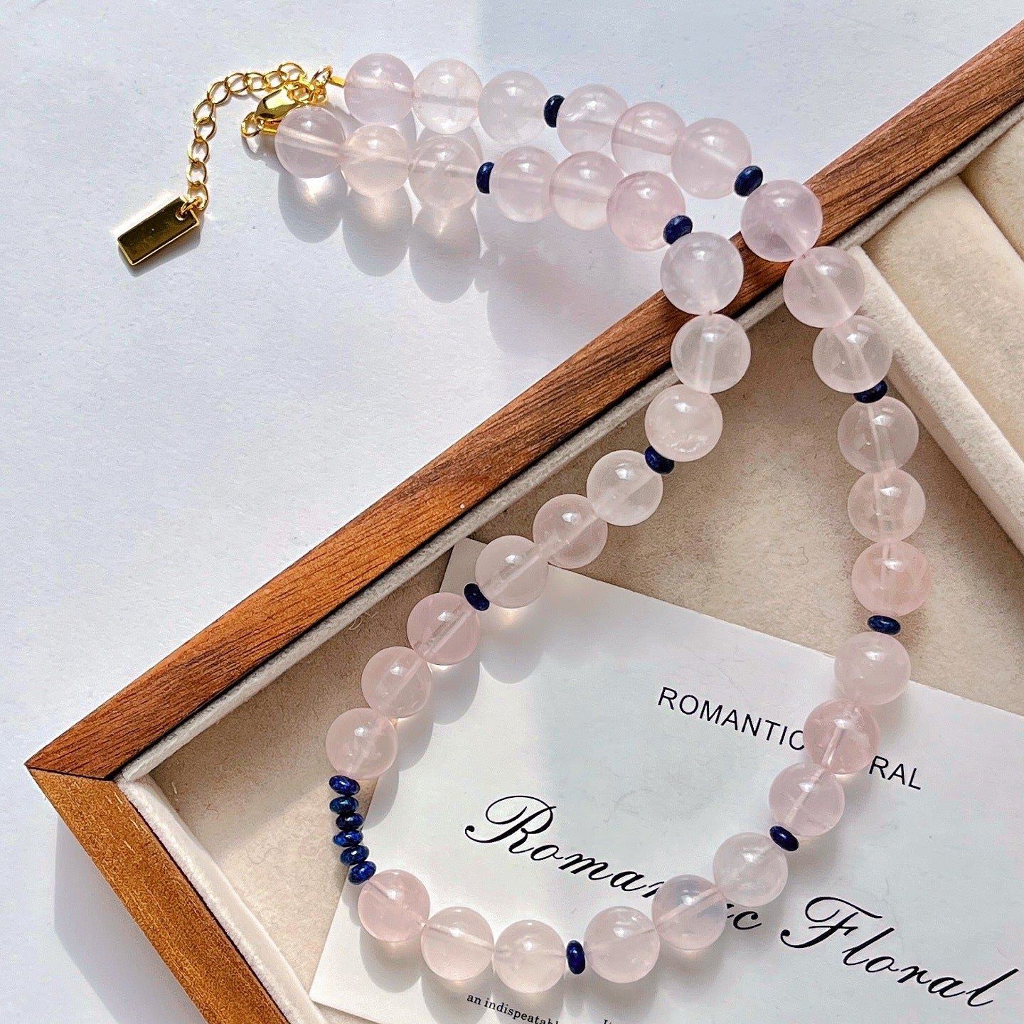 Premium Rose Quartz & Disc Lapis Lazuli Necklace, Unique Women's Fashion Accessory