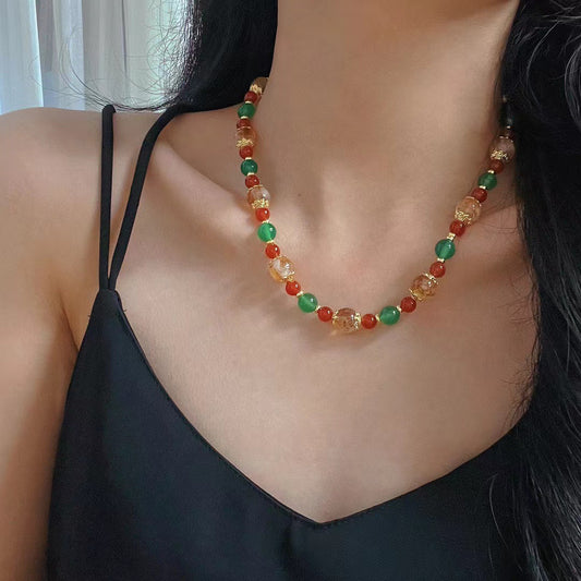 Women’s Boho Necklace: Natural Citrine, Red Agate, Green Chalcedony Beads, Gold - Plated Accents