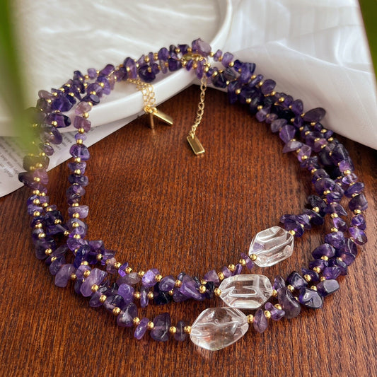 Handcrafted Irregular Amethyst & Clear Quartz Necklace, One - of - a - Kind Gemstone Jewelry for Her