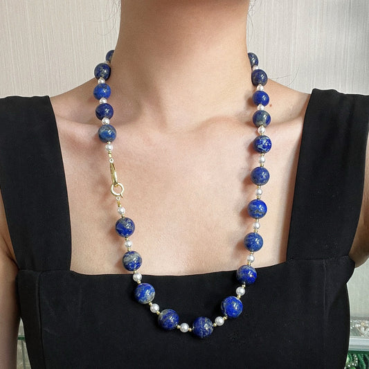 14mm Vintage Chinese Lapis Lazuli Necklace, Faux Crystal Pearl Star Pattern, High - Quality Winter Sweater Chain