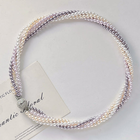 Artificial Crystal Pearl Multistrand Necklace, Magnetic Clasp with Micro - Set Zircons, Elegant Women's Accessory
