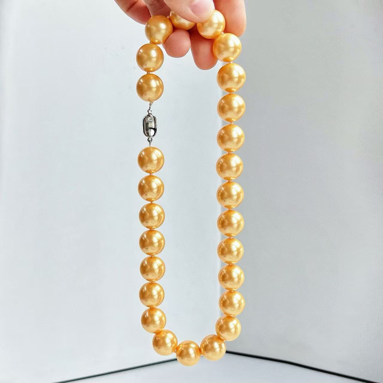 16mm Rich Gold Pearl Necklace - High-End Simulated Pearls, 18K Gold Plated Chain, Spring Statement Jewelry