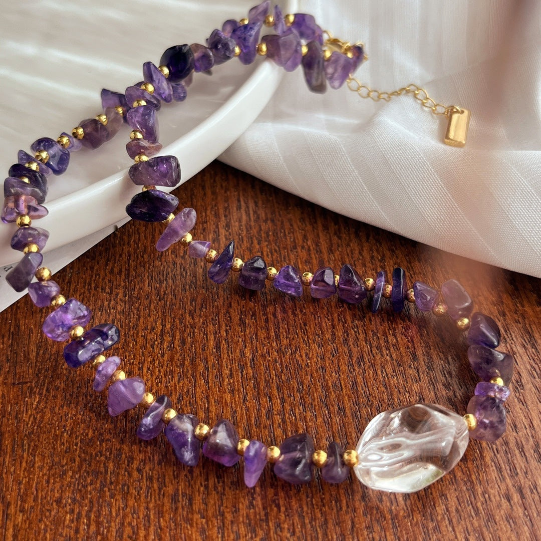 Handcrafted Irregular Amethyst & Clear Quartz Necklace, One - of - a - Kind Gemstone Jewelry for Her