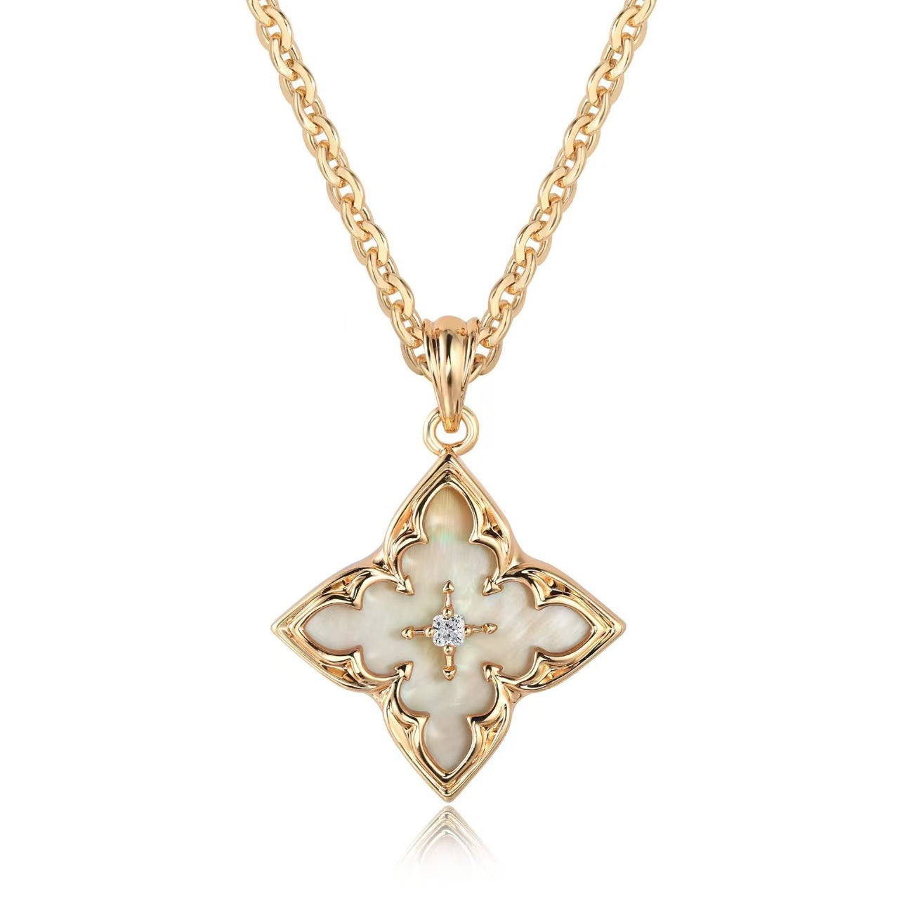 Four-Leaf Clover Pendant - 14K Gold Plated Chain, AAA Cubic Zirconia Stones, Hypoallergenic