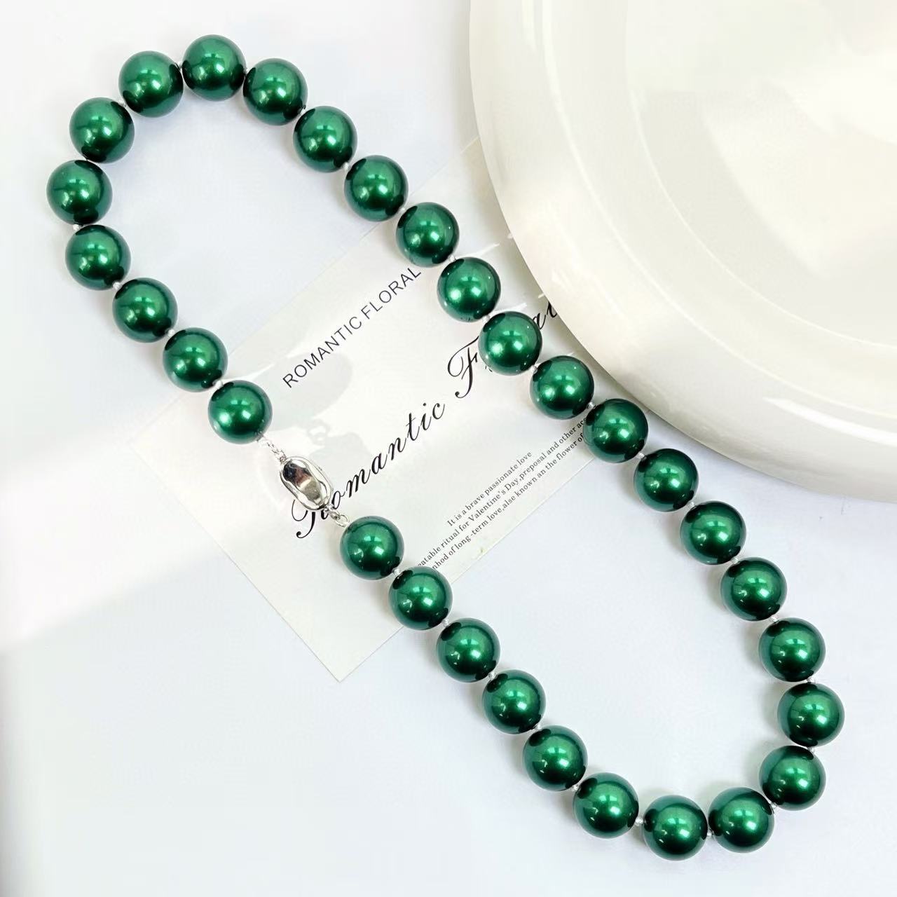 Emerald Pearl Necklace - 14mm High-Luster Beads, Luxury Holiday Gift for Her