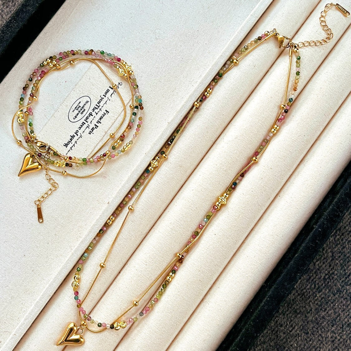 Handmade Natural Tourmaline Necklace, 18K Gold - Plated Chain, Colorful Boho - Glam Jewelry for Her