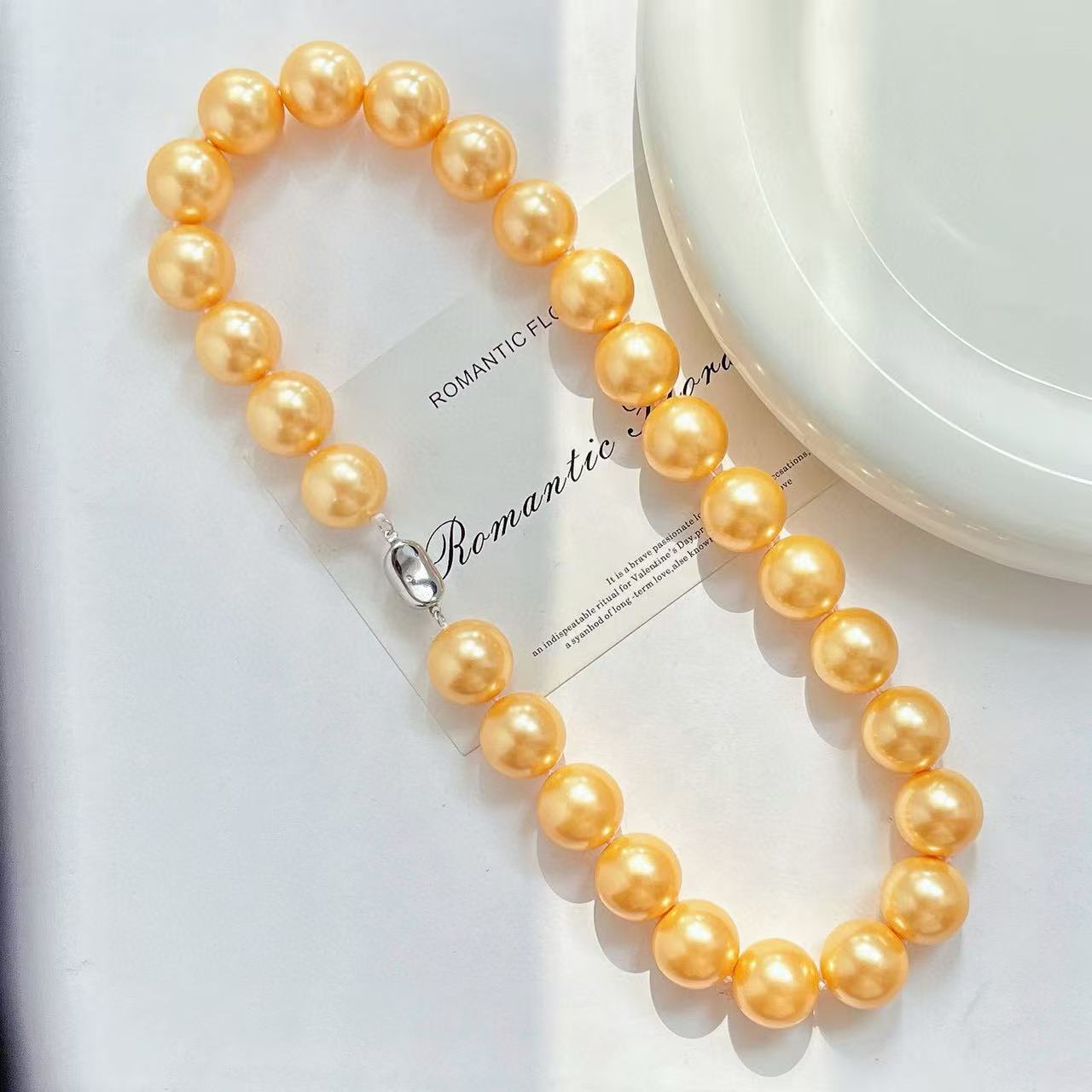 16mm Rich Gold Pearl Necklace - High-End Simulated Pearls, 18K Gold Plated Chain, Spring Statement Jewelry