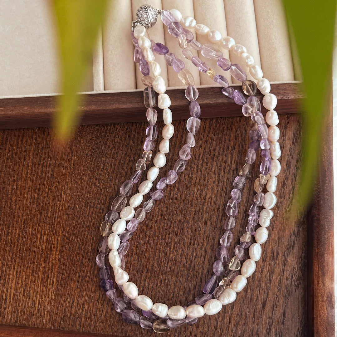 Multi - Strand Necklace with Natural Baroque Freshwater Pearls & Amethyst, Sparkling Zircon Clasp, Elegant Women's Jewelry