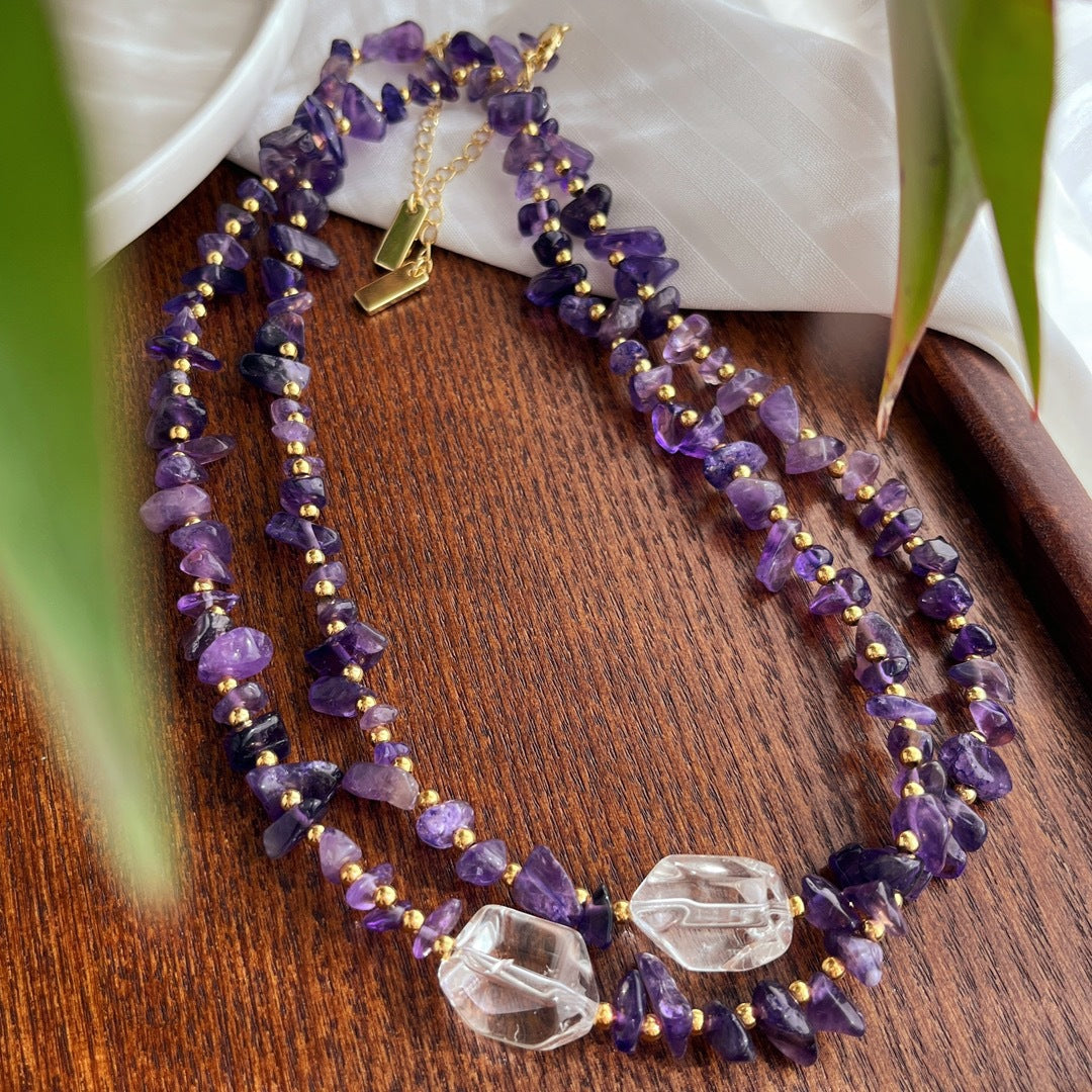 Handcrafted Irregular Amethyst & Clear Quartz Necklace, One - of - a - Kind Gemstone Jewelry for Her