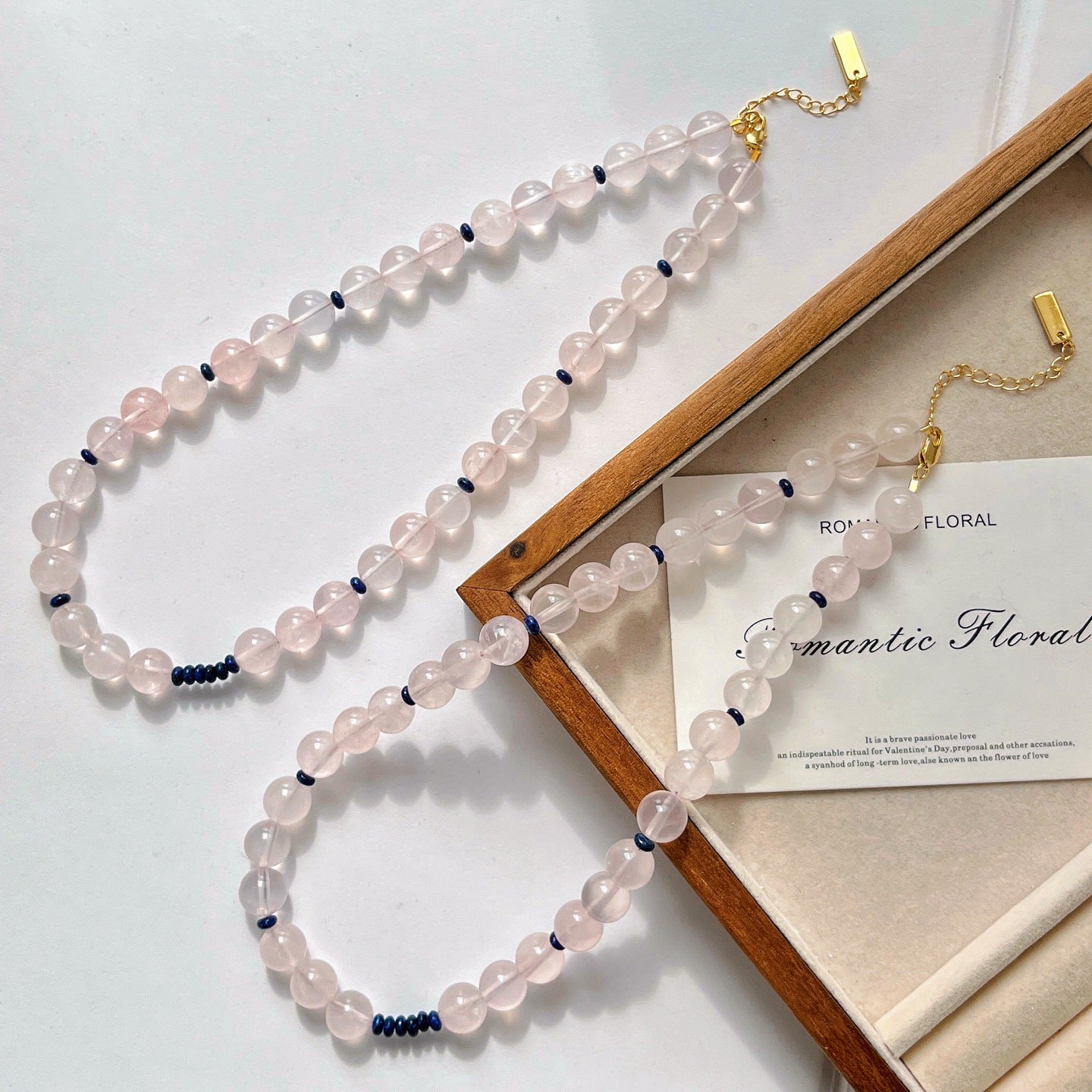 Premium Rose Quartz & Disc Lapis Lazuli Necklace, Unique Women's Fashion Accessory