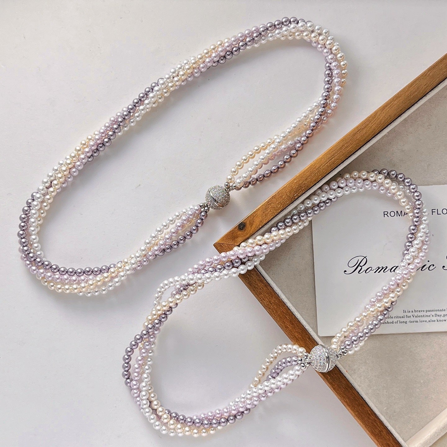 Artificial Crystal Pearl Multistrand Necklace, Magnetic Clasp with Micro - Set Zircons, Elegant Women's Accessory