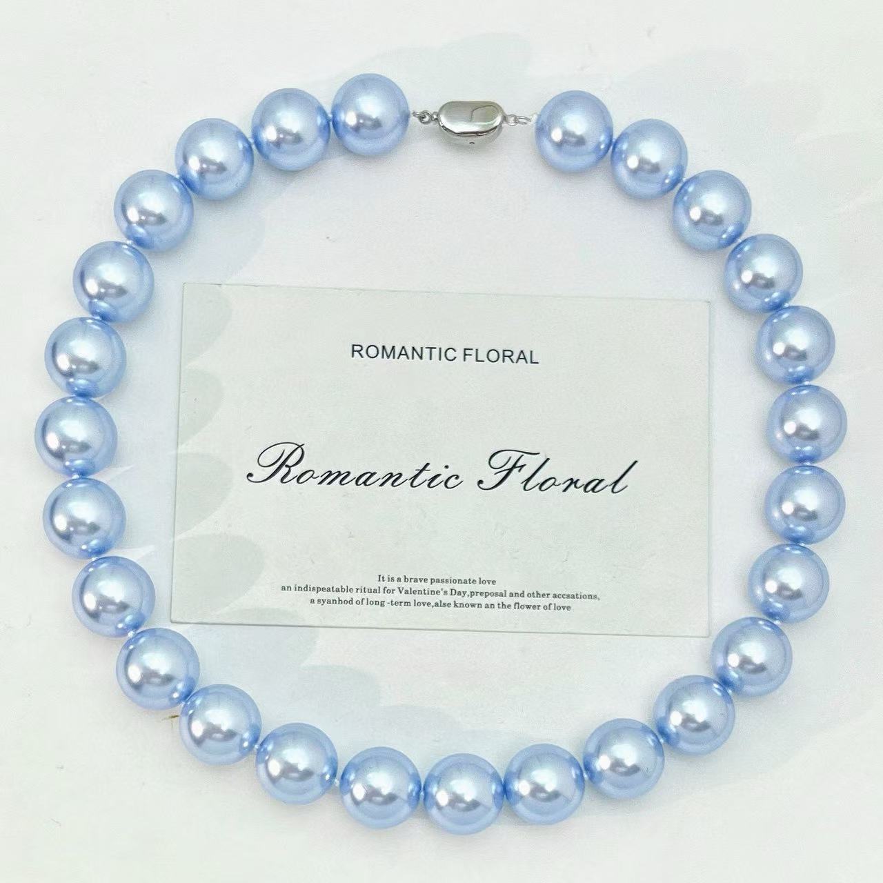 Spring Blue Pearl Necklace - 16mm Misty Grey-Blue Beads, Luxury Collarbone Chain, Birthday Gift for Her