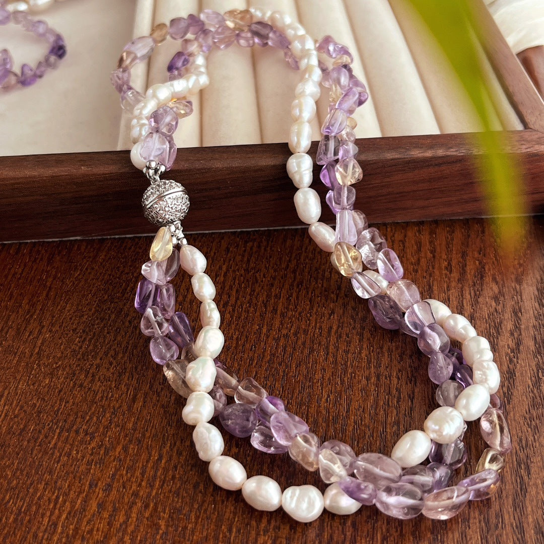 Multi - Strand Necklace with Natural Baroque Freshwater Pearls & Amethyst, Sparkling Zircon Clasp, Elegant Women's Jewelry