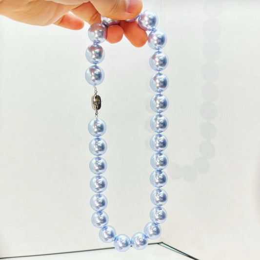 Spring Blue Pearl Necklace - 16mm Misty Grey-Blue Beads, Luxury Collarbone Chain, Birthday Gift for Her