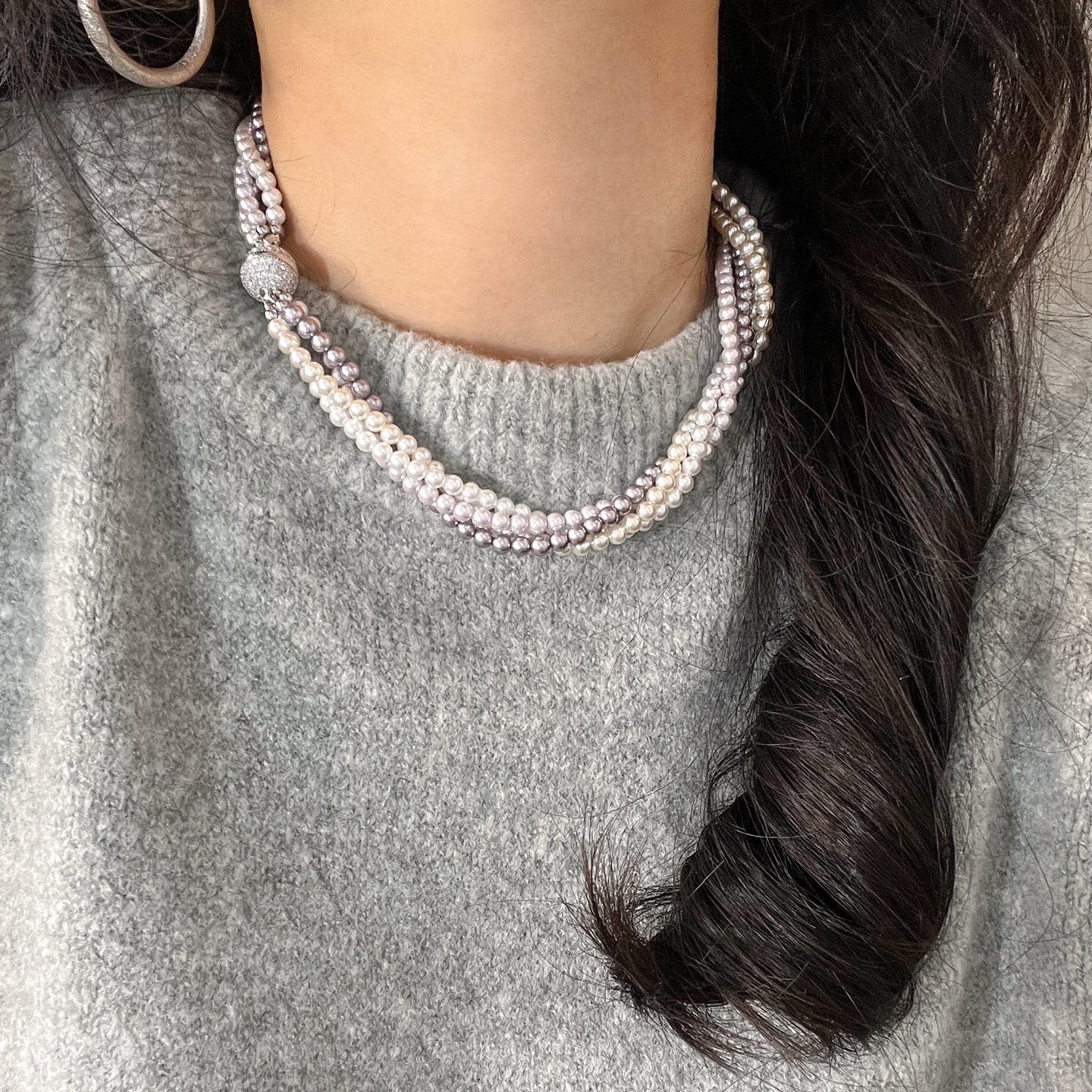 Artificial Crystal Pearl Multistrand Necklace, Magnetic Clasp with Micro - Set Zircons, Elegant Women's Accessory