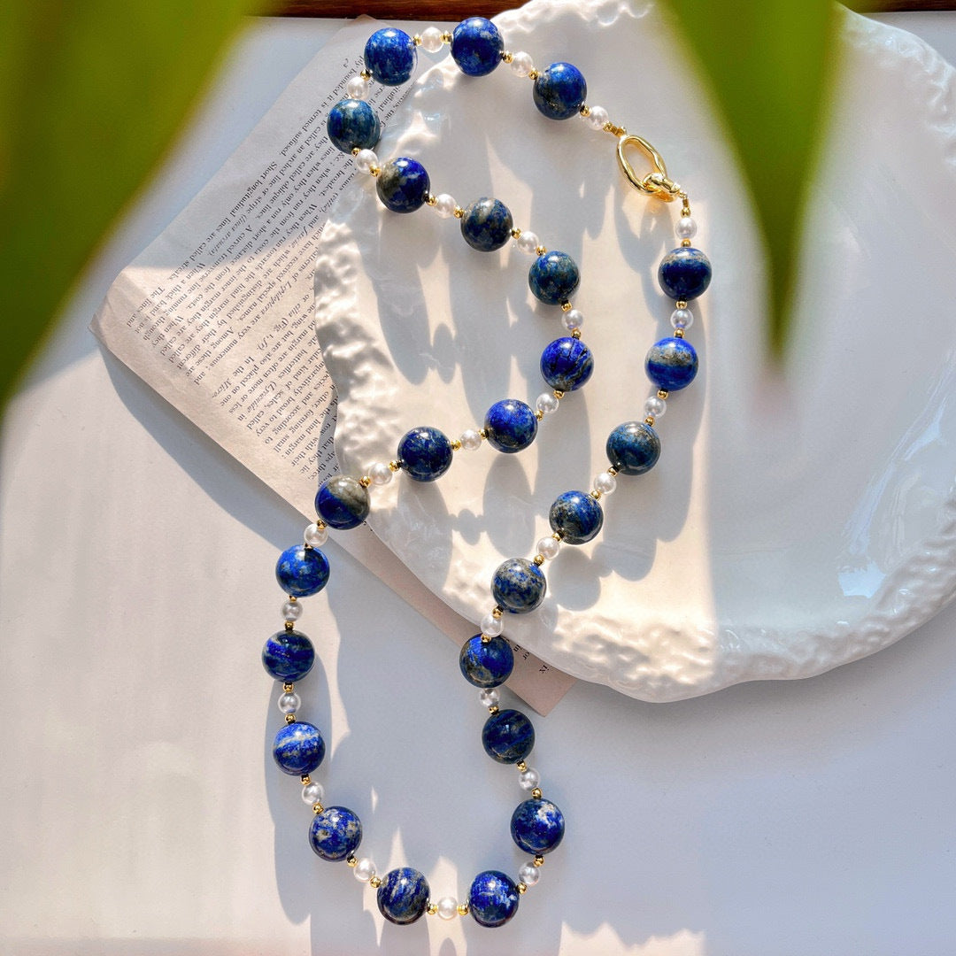 14mm Vintage Chinese Lapis Lazuli Necklace, Faux Crystal Pearl Star Pattern, High - Quality Winter Sweater Chain